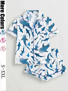 Women's Shark Print Pajama Set, Short Sleeve Button-Up Top and Elastic Shorts, Casual All-Season Sleepwear, Comfortable Home