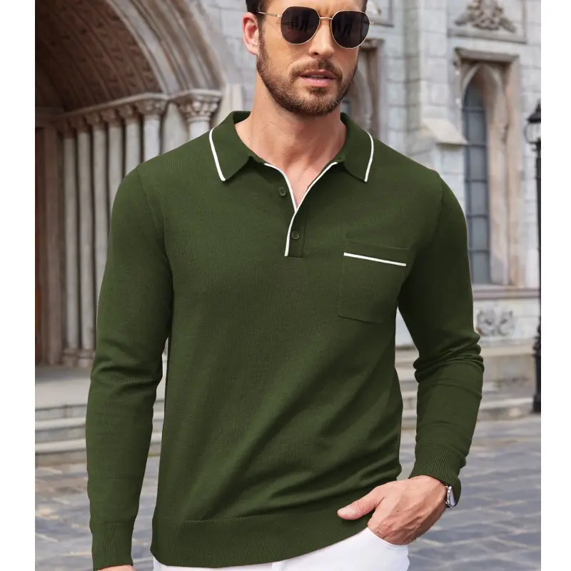 COOFANDY Mens Knit Polo Long Sleeve Collared Sweater Polo Business Casual Polos with Pocket