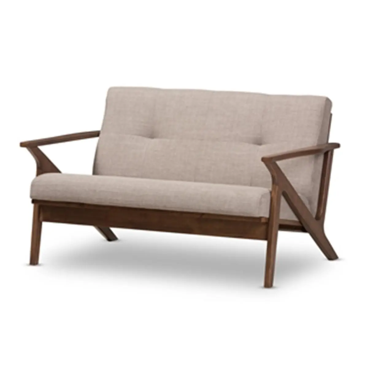 Baxton Studio Bianca Mid-Century Modern 2-Seater Sofa - Clean Aesthetic, Solid Wood Frame, Smooth Angular Design, Wood-Fabric Tufted, Light Grey & Walnut Brown, Detachable Cushion, Grey/Earth Tone/Elevated Living Room Furniture, 29.53x50x33.07 in