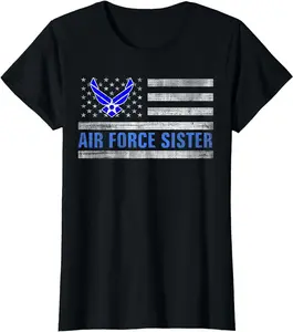 [Pure Cotton Graphics Tee] Air Force Sister With American Flag Gift For Veteran Day T-Shirt Women