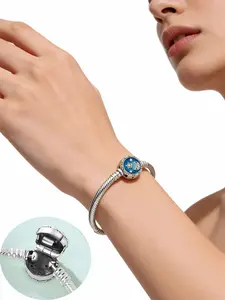 Starry Night & Moon Snake Chain Bracelet, Enamel Star Clasp, 925 Sterling Silver Basic Bangle for Charms, Elegant Jewelry Accessory