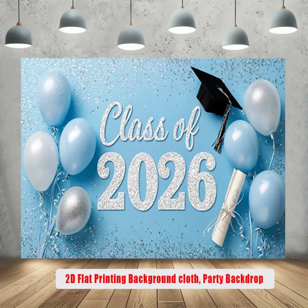 2D Flat Polyester School Graduation Photography Backdrop Banner, HD Print Light Blue with Silver Glitter 'Class of 2026' Text, Cloth Patterned Balloons, Graduation Cap & Diploma Design, Soft Lightweight Foldable Party Supply