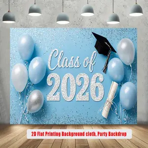 2D Flat Banner Polyester Photography Backdrop, HD Digitally Printed light blue with silver glitter 'Class of 2026' text, balloons, graduation cap, and diploma design, soft lightweight foldable background cloth for graduation parti