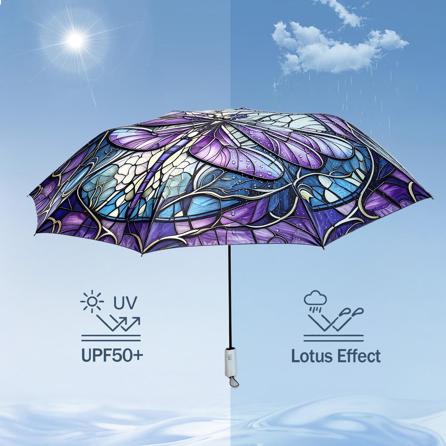 New Automatic Colorful Dragonfly Art Umbrella Large UV Protection Windproof Rainproof Auto Open Close Umbrellas Lightweight Portable Folding Compact Umbrella with Dragonfly Pattern Travel Parasol Umbrellas