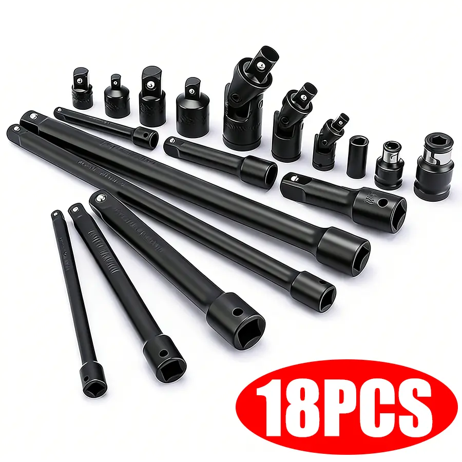 18-Piece Drive Tool Accessory Set, Premium CR-V Steel with Black Phosphate Finish, Includes Socket Adapters, Extensions and Universal Joints and Impact Coupler, Professional Socket Accessories