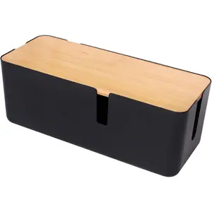 Cable Management Box with Bamboo Lid Small Cable Organizer Box For Extension Cord, Power Stripe, Surge Protector-Wire Management Concealer Organizer Cover Hider (Black)