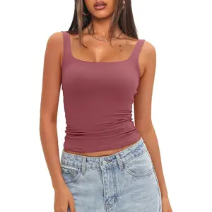 Women’s Chic Minimalist Square Neck Padded Tank Tops - Seamless, Comfortable, Breathable Basic Sleeveless Shirts with Built-in Bra, Double-Layer High-Quality Fabric for Daily Casual Wear, Perfect Fit