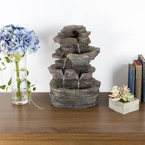 Pure Garden Tiered Tabletop Water Fountain w/ Rock Waterfall & Lights