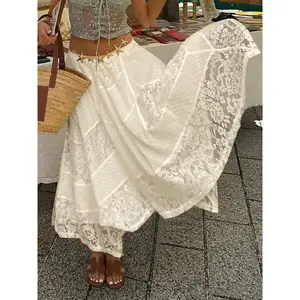 Elegant French Vintage Lace Patchwork Ruffle Long Skirt, Women's Two-Layer Holiday Dress, Retro Style A-Line Midi Skirt