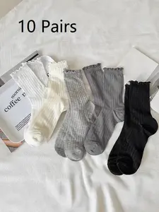 Women's Wooden Edge Mid-Calf Socks, Breathable Soft Casual Socks, 10 Pairs, Daily Wear, Leaf Hem Design, Comfortable and Stylish