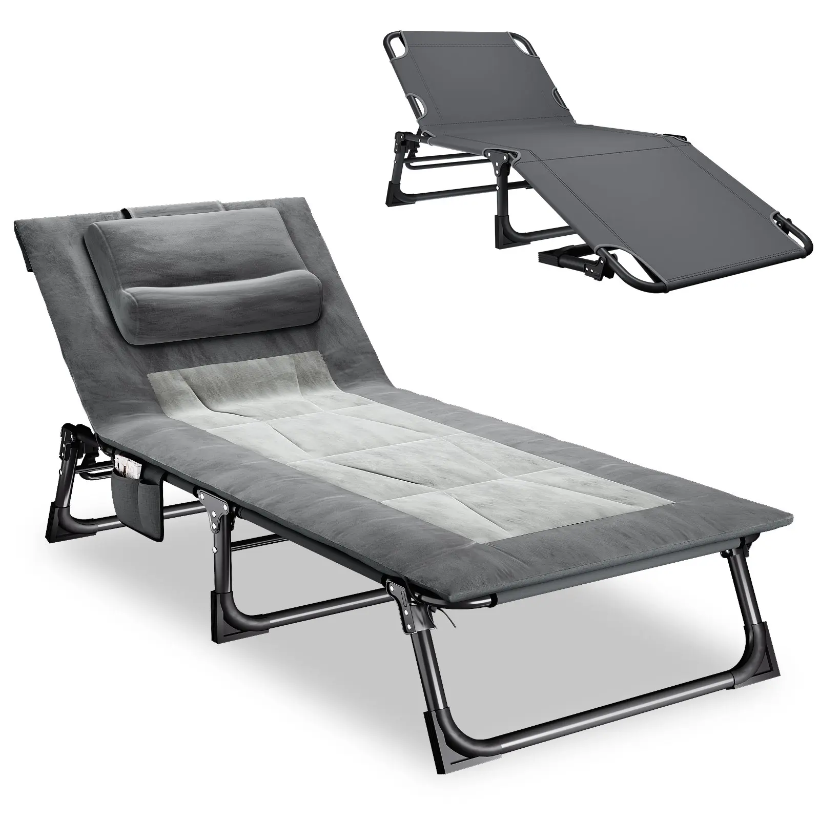 Mopaicot Folding Camping Cot for Adults, Portable Outdoor Lounger Bed with Mattress & Ergonomic Pillow, 4-Position Adjustable Reclining Cot, Heavy Duty Sleeping Cot for Camping, Patio, Beach & Guest Room