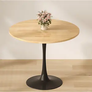24 Inch Natural Wood Color Round Dining Table, MDF Top with Steel Tulip Base, Modern Mid-Century Multi-Purpose Table, Easy Assembly Accent Table for Kitchen Living Room Office