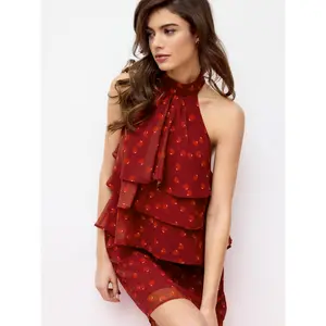 Cider Chiffon Cherry Graphic Halter Neckline Ruffled Tie Back Blouse SummerWins