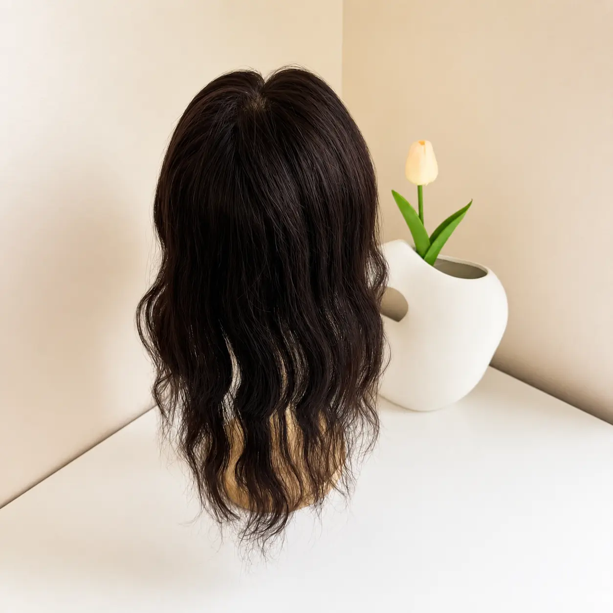 Women's 100% Remy Hair Invisible Topper - 8x12cm Hand-Tied Mesh Base, 35cm Clip-In Natural Wavy Hairpieces, 3 Secure Clips, Breathable Lightweight Coverage, Styleable Glueless Replacement for Daily Wear