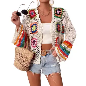 Women's Floral Crochet Cardigan Boho Hollow Out Sweater Lightweight Breathable Layering Beach Vacation Spring Outfit Gift Ladies Tops Vintage Knitwear