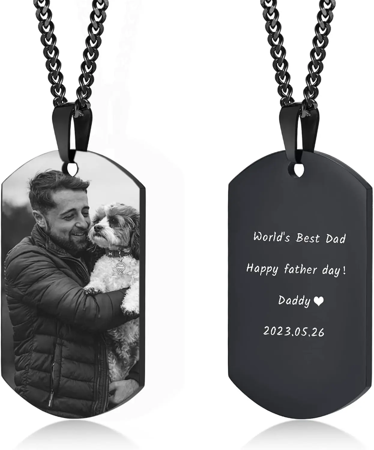 VNOX Personalized Picture Name Necklace, Engraving Stainless Steel Dog Tag Pendant Necklace for Men Women, Customized Gift for Him Dad Husband