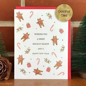 Gingerbread Cats Christmas Card, Handmade gold foiled holiday cards