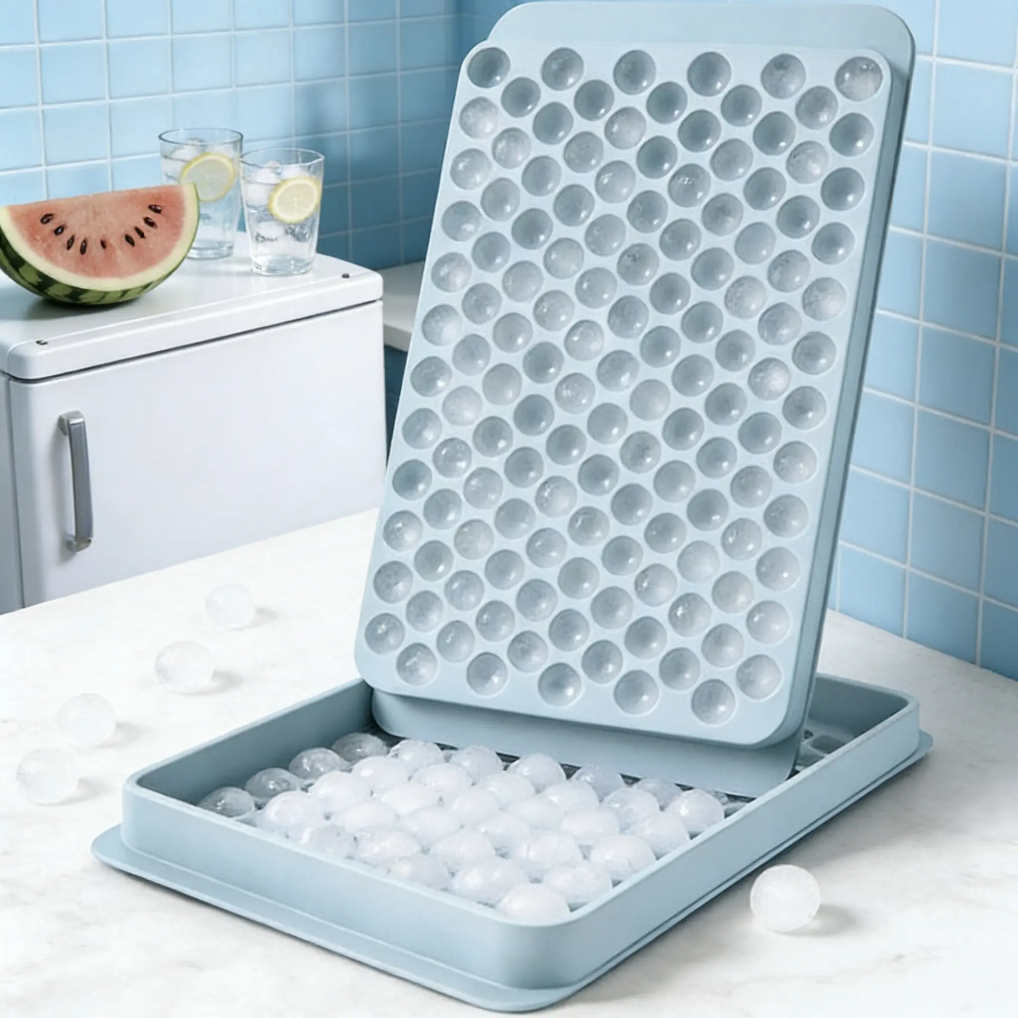 Oillase Mini Round Ice Cube Trays, Plastic Small Pebble Ice Maker for Iced Coffee & Cocktails, Fast Cooling, Easy Release, with Storage Bin & Ice Scoop, 1 Pack - 0.55 Inch, Blue