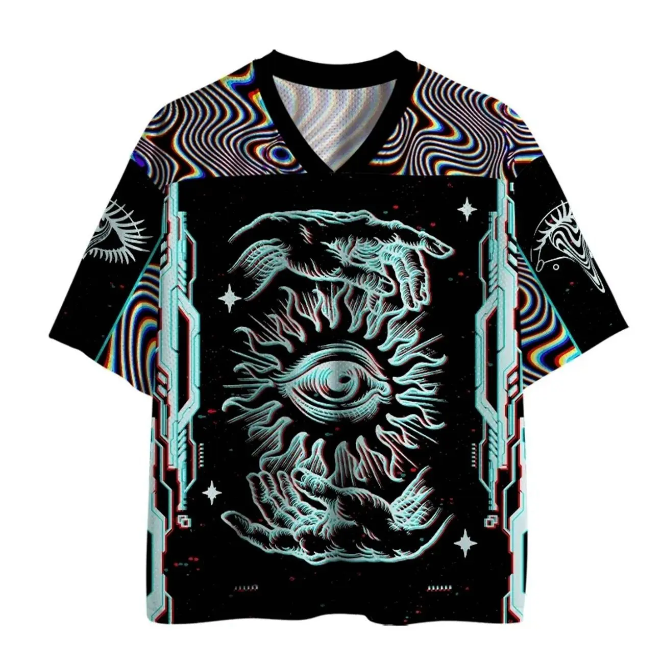 Dimensional Illusion Touch Mesh Jersey, 3D Optical Illusion Graphic Sports Shirt, Trippy Y2K Streetwear Mesh Top, Futuristic Abstract Art Design, Breathable Oversized Unisex Jersey, Trendy Casual Summer Shirt for Men & Women TA3