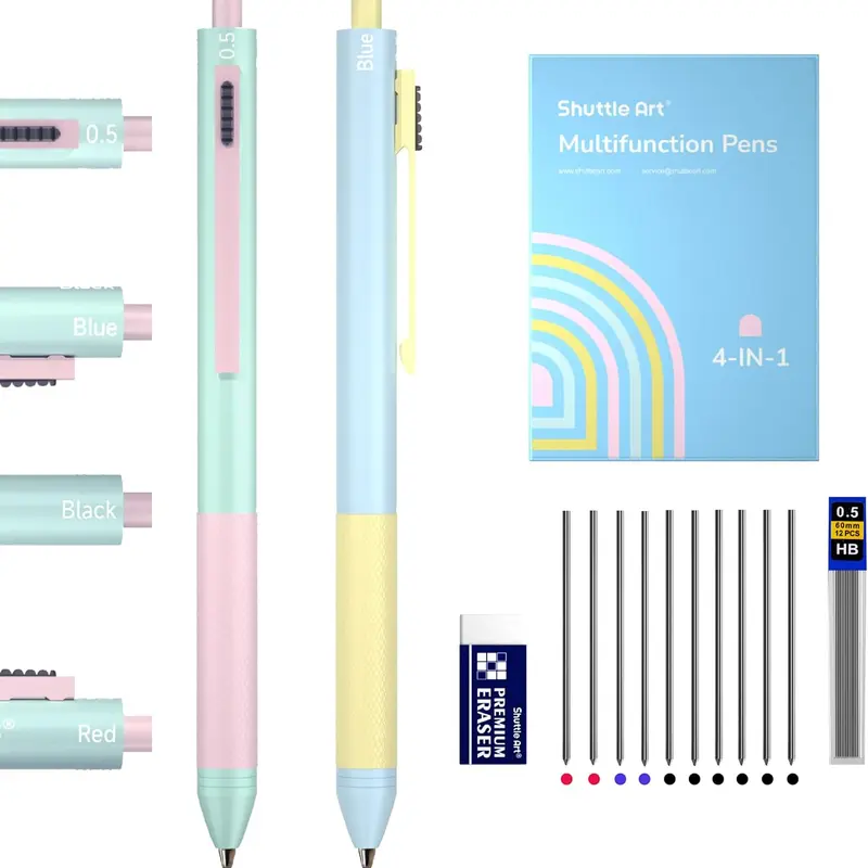 Shuttle Art 2-Pack Gift Set Smart Pen - 4-in-1 Gravity Switch Multicolor Writing Tools, 1.0mm Retractable Ballpoint (Black,Blue,Red Ink), 0.5mm Mechanical Pencil, 1 Premium Eraser, Elegant Student College Note Taking Pens for School Office