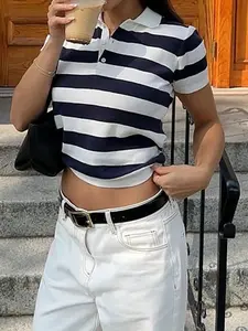 Women's American Vintage Striped Short Sleeve Polo Shirt, Fitted Knit Top, Casual Daily Wear, Versatile Fashion, Womenswear