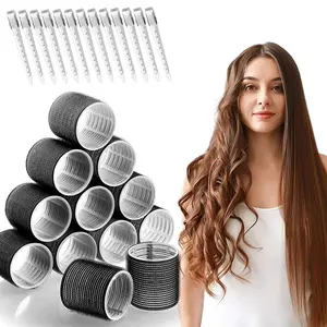 Jumbo Hair Curlers Rollers, 24pcs Set with 12 Hair Curlers Self Grip Holding Rollers and 12 Stainless Steel Duckbill Clips for Long Medium Hair Bangs Volume Haircare Heatless