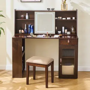 Makeup Vanity Desk with Mirror and Lights, Retro Elegant Wood Vanity Table with Shelves & Drawer & Canbinet, Beauty Station for Bedroom Dressing Room (Walnut Color)