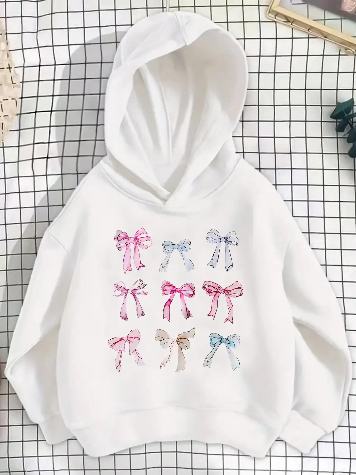 Girls' Spring & Fall Fashion Hooded Sweatshirt, Creative Bow Print Long Sleeve Pullover, Casual Comfortable Trendy Hoodie, Party Wear