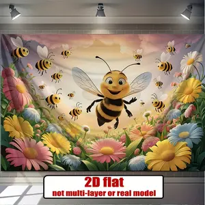 Cartoon Bee Flower Field Backdrop Tapestry Wall Hanging Photography Background Spring Garden Banner for Birthday Baby Shower Party Room Decor Polyester Fabric