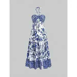 Sweetra Bohemian Style Beach Dress, Spaghetti Strap High-End Long Sundress For Summer Vacation Maxi Women Outfit Blue Casual Sleeve Fabric Womenswear Print Comfort Polyester Boho Stripe prom dress summer outfits sundress plus size milkmaid dress