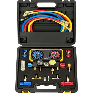 R1234YF R134A AC Gauge Set 4 Valve Manifold HVAC Gauges with Compatible with R1234YF R404a R134a System Air Conditioner Recharge Kit