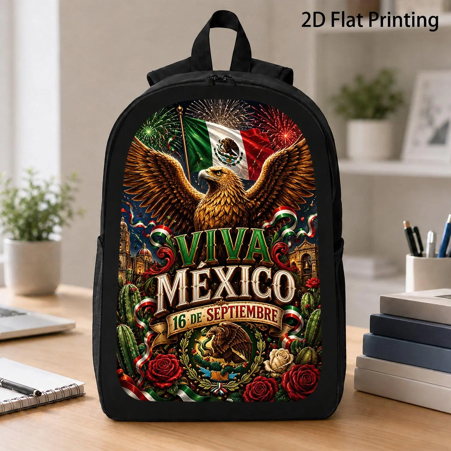 [17 Inch Backpack] 1pc Viva Mexico Golden Eagle National Flag Cactus Rose Design Backpack Popular Mexican Independence Day Casual School Backpack For Men Women