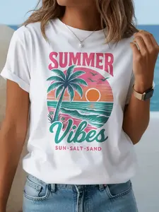 Women'S Pastel Pink & Turquoise Palm Tree T-Shirt - Lightweight Breathable Summer Beach Vacation Top, Relaxed Fit Short Sleeve Casual Hawaiian Shirt For Poolside Outfits, Travel Wardrobe Essential - Ideal For - Holiday Outfit Gift，women summer top