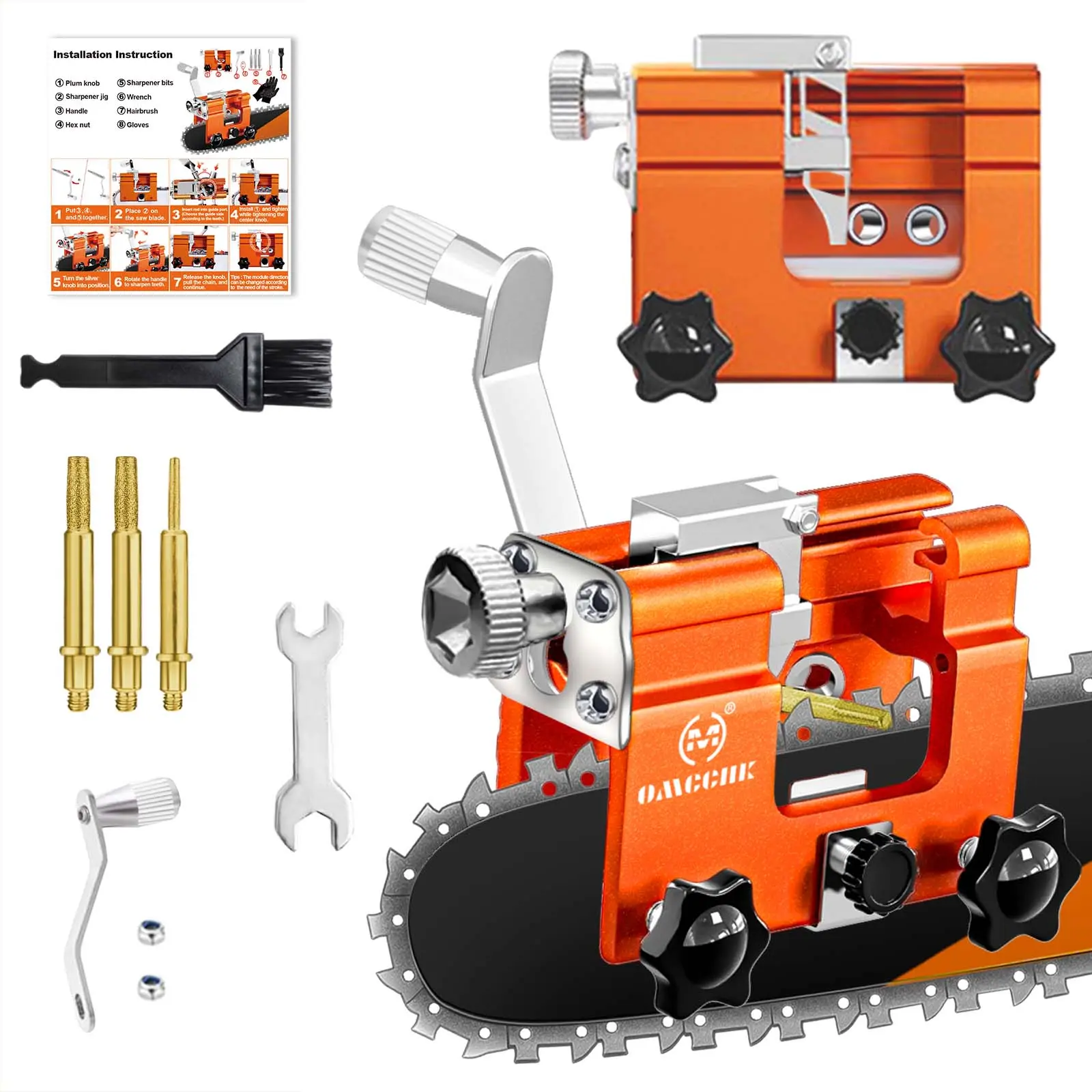 Chainsaw Sharpener Jig Kit, Portable Chainsaw Sharpening Tool with Gloves, Burr Grinding Stone & Cleaning Brush, Manual Hand Crank Chainsaw Sharpener for Chain/Electric Saw, Lumberjack, Garden Worker