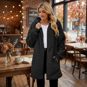 Women's Oversized Fleece Zip Up Jacket with Pockets - Long Sherpa Hoodie Fuzzy Warm Teddy Coat Cozy Winter Outerwear Casual Streetwear Fashion Thick Plush Lined Comfortable Hooded Jacket for Cold Weather