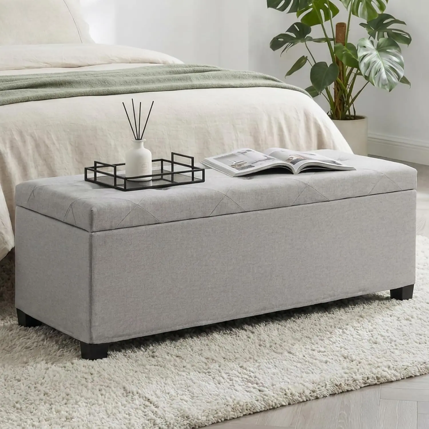 43.3 Inch Storage Ottoman Bench, End of Bed Bench with Removable Cover, 102L Linen-Look Fabric Storage Chest, Steel Frame, 250 lb Capacity, for Bedroom Living Room Entryway
