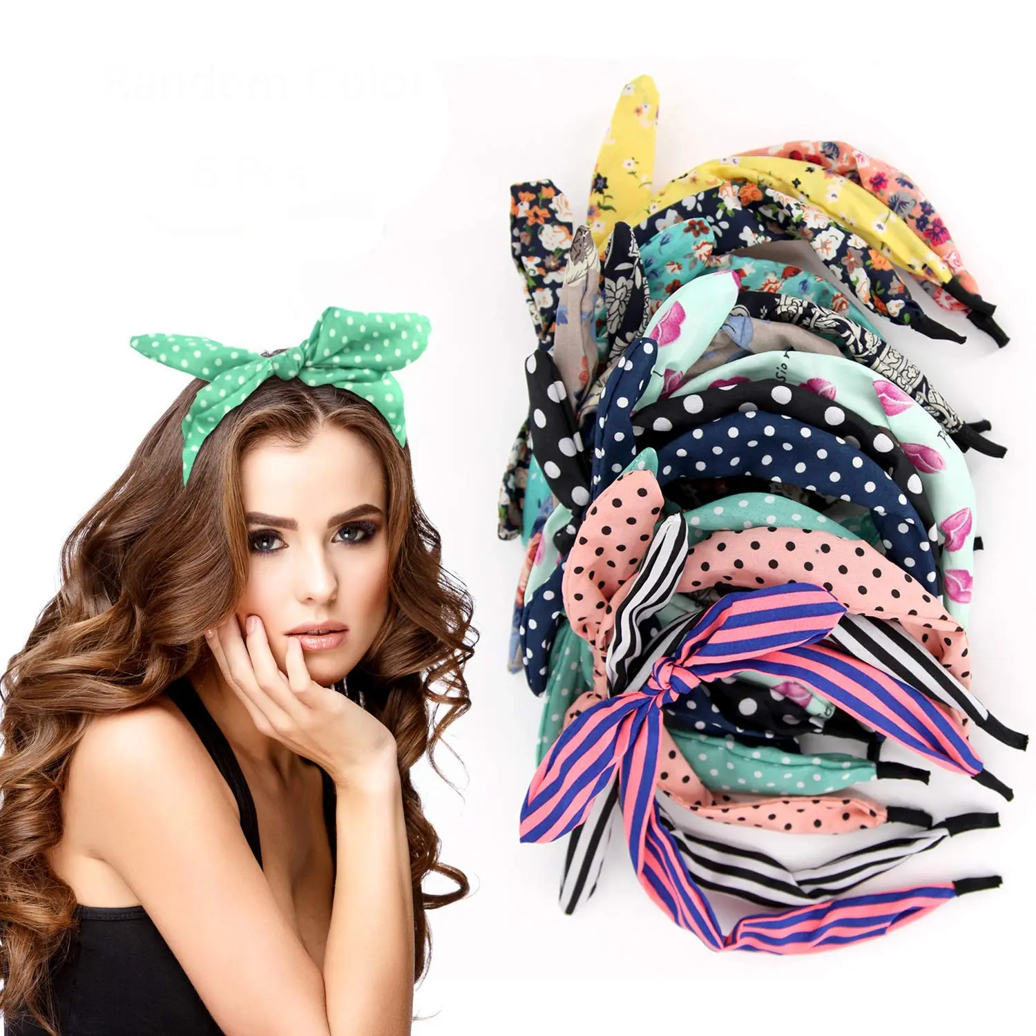 6 Pcs Colorful Headbands, Fashion Floral Polka Dot Stripe Hair Bow Headbands Randomly, Lovely Ears Hairbands Hair Accessories for Women, Girls