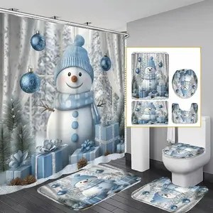 This 1/4-piece blue Christmas-themed snowman-designed shower curtain set includes a shower curtain, toilet seat cover, rectangular mat, and U-shaped mat. Perfect for bathroom décor and enhancing the space, it also comes with 12 shower curtain hooks.