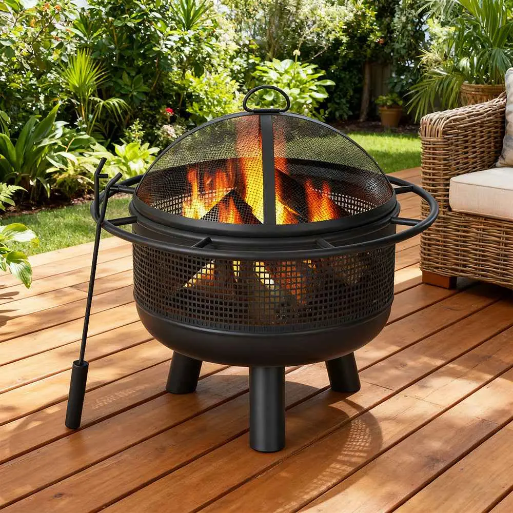 24-Inch Round Wood Burning Fire Pit, Outdoor Fire Pit with Log Grate and Mesh Screen for Outside