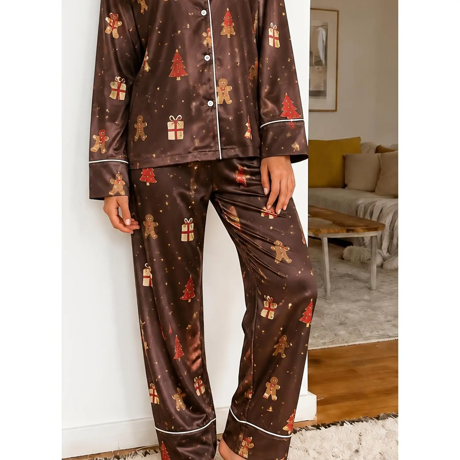 Women'S Christmas Gingerbread Man Print Long Sleeve Button-Up Pajama Set Two-Piece Holiday Sleepwear