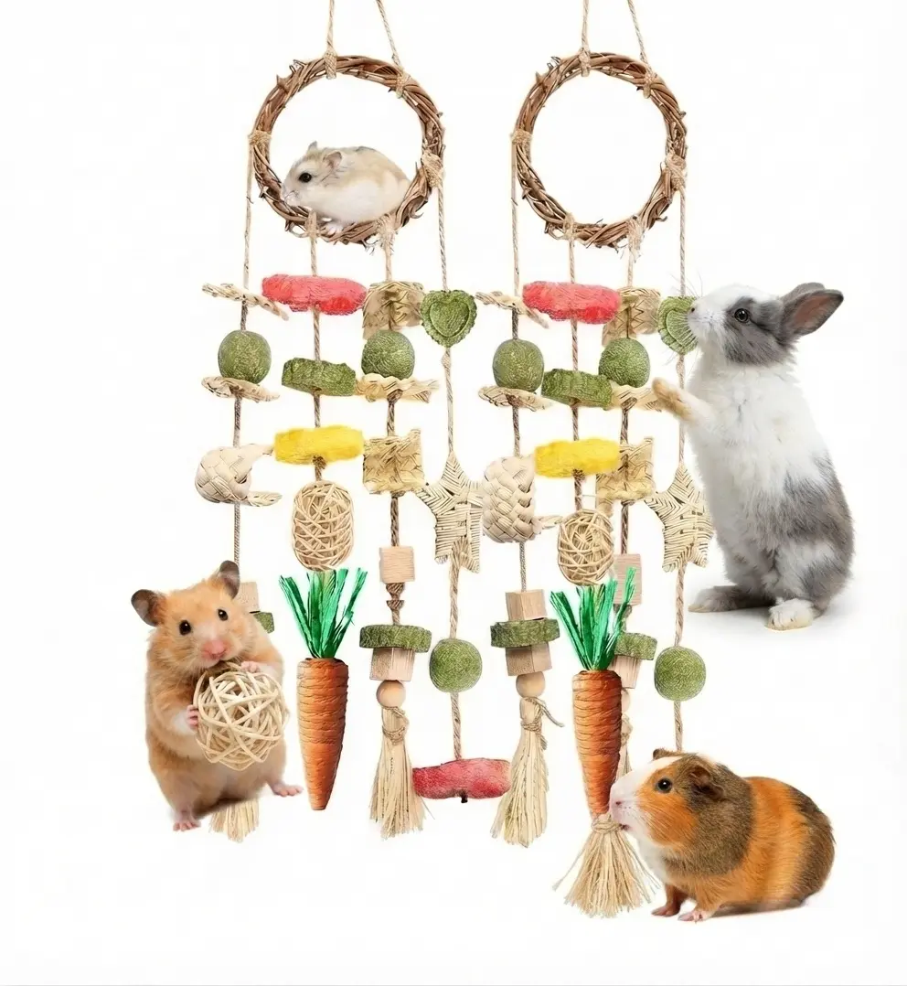 2PCS Chew  Bunny Cage Hanging  and Treats Rattan Ring with Snacks for Rodent Pets Teeth Healthy rabbit toy