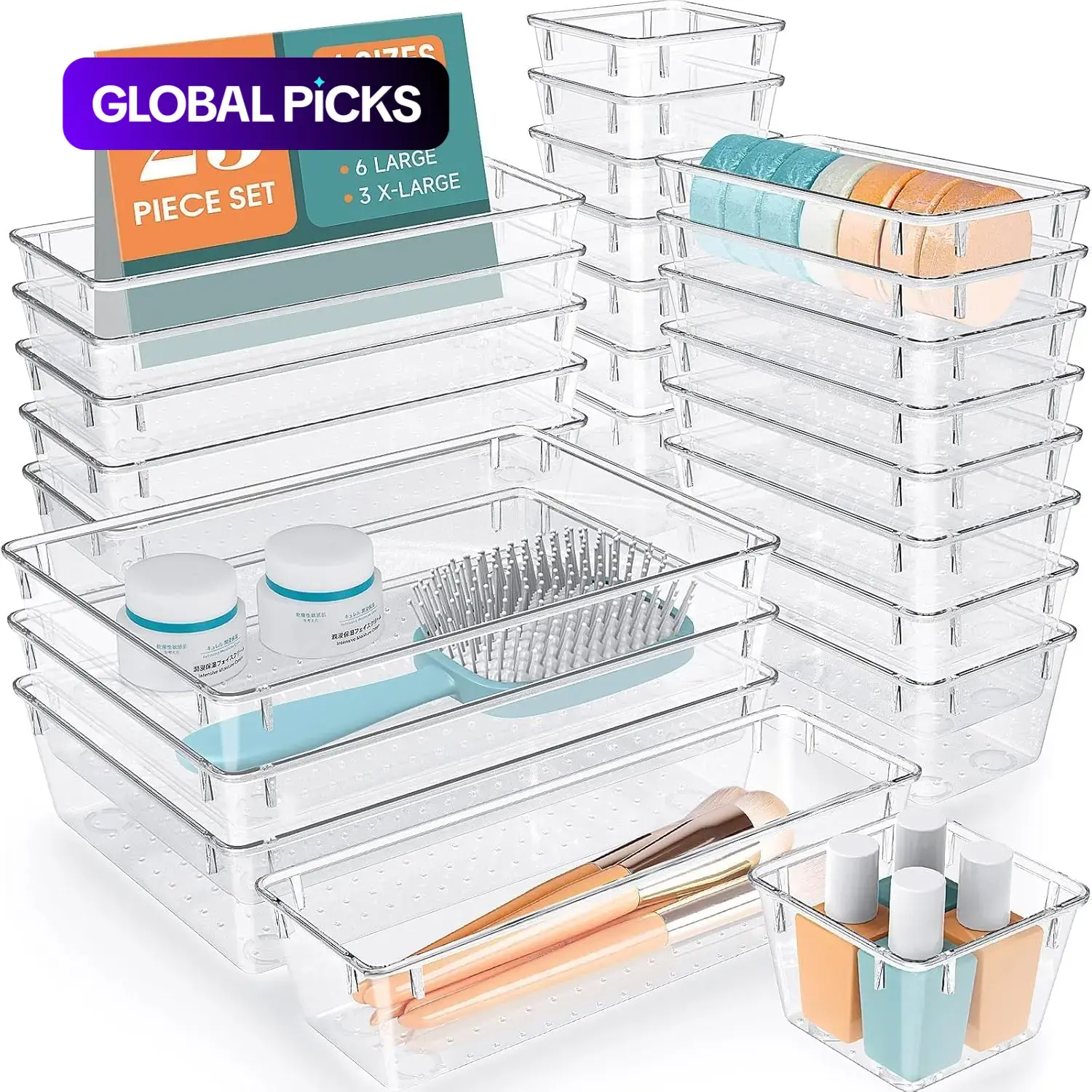 Drawer Organizer Set, Multi-Grid Storage Box and Cosmetic Organizer for Jewelry and Beauty Cosmetics, Makeup Drawer Organizer for Kitchen, Office and Bathroom Accessories, Transparent #GLOBAL PICKS