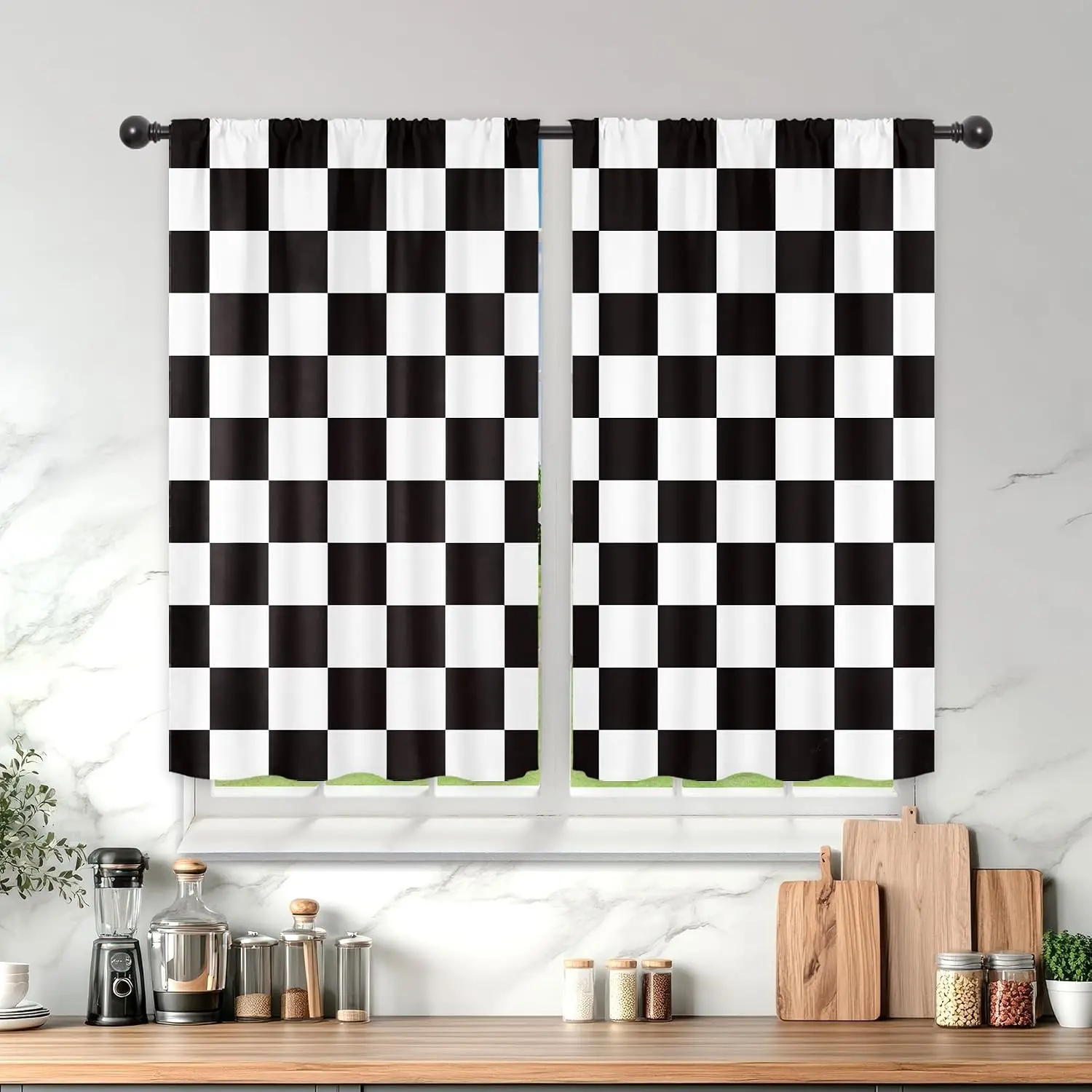Black White Checkered Kitchen Curtains, Buffalo Plaid Café Curtains, Farmhouse Window Curtain Panels, Short Kitchen Window Decor