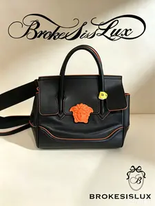 Pre-owned VERSACE Black Leather Medusa Bag | Orange Medusa Logo, Top Handle & Crossbody for Parties & Street Style