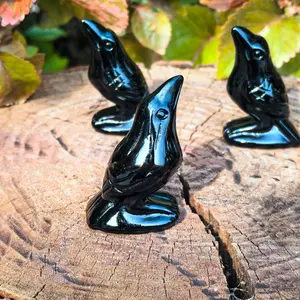 Hand Carved Black Obsidian Crow Sculpture - Unique Crow Skull Carving, Christmas Home Decor Ornaments, Natural Crystal Decorative Figurines Gift Accessory
