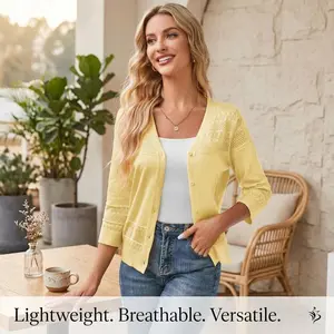 Women's 2025 Cropped Cardigan 3/4 Sleeve Lightweight Crochet Shrug Hollowed-Out Knit Sweater Tops - Elegant Lace Openwork Casual Spring Summer Cover Up Blouse Fashion Style Ladies Clothing