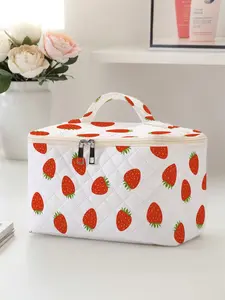 Strawberry Pattern Makeup Bag, Large Capacity Travel Toiletries Storage Bag, Portable Travel Cosmetic Bag, Zipper Makeup Organizer Pouch, Vanity Purse