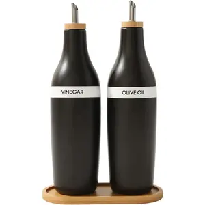 Olive Oil and Vinegar Dispenser Set, Two 16oz Ceramic Oil Dispenser for Kitchen, Kitchen Dispenser Bottle for EVOO Vinegar Syrups, Modern Farmhouse Design| Set of 2 - Black