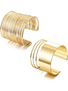 2 Pcs Cuff Bangle Bracelet Set for Women Open Wide Wire Bracelets Adjustable-Tone Plated