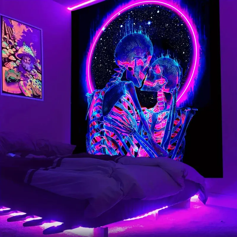 VIKAMA Thin Polyester Rectangular Dark Skeleton Lovers Cybergoth Tapestry - Neon Bohemian Decoration, Living Room Backdrop, Dark Romantic Goth Tapestry Scarf Alternative Home Decor, Cybergoth Tapestries